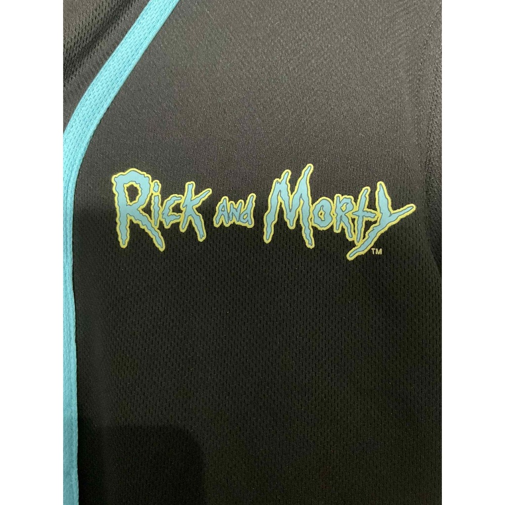 Rick and Morty Logo Baseball Jersey Button Up Black Blue Mens Small - Picture 2 of 3